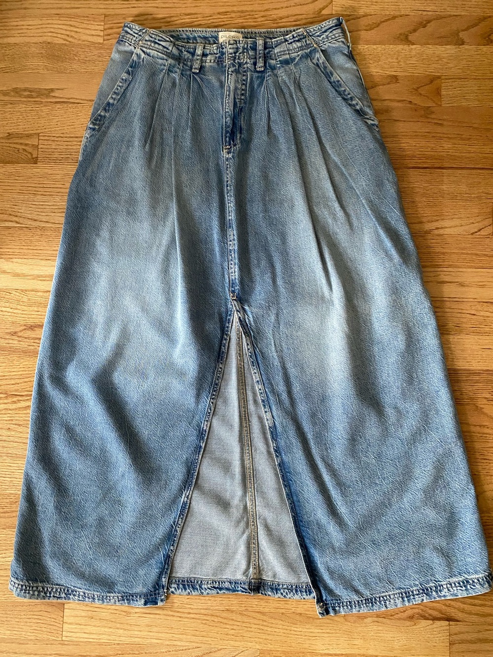 Anthropologie: Pilcro- Light Wash Denim Maxi Skirt with Front Slit